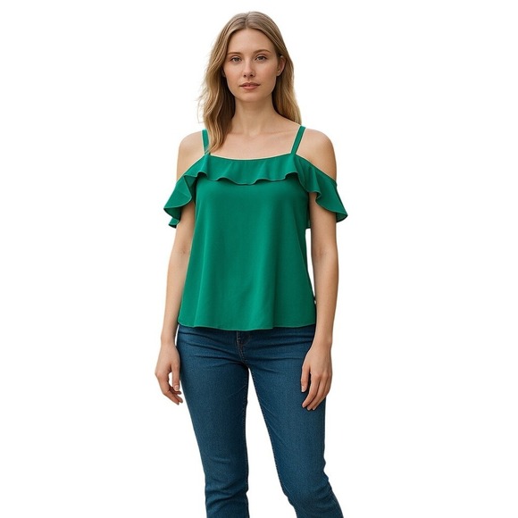 Joie Green 100% Silk Ruffle Cold Shoulder Flutter Sleeve Blouse Top Medium - Picture 9 of 9